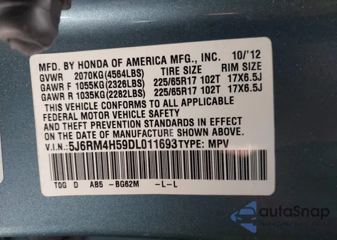 2013 Honda Cr-V Ex z USA, uszkodzony, nr VIN 5J6RM4H59DL011693